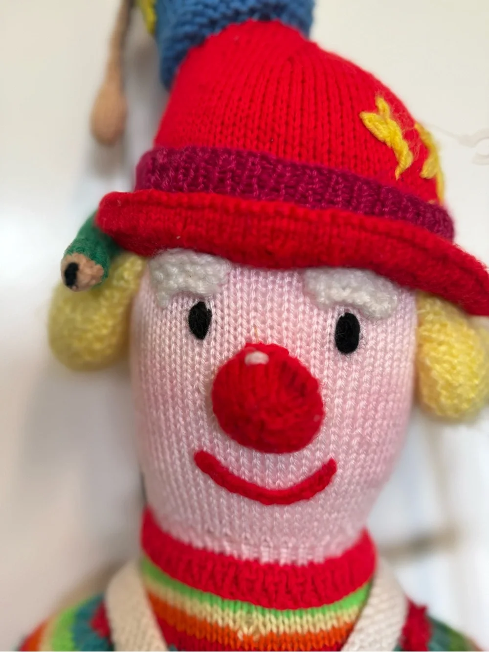 Handmade Knit Clown Doll - great details.  Classroom or nursery decor.